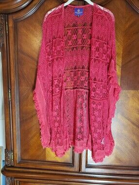 Curations Red Crochet Open Front Duster Cardigan